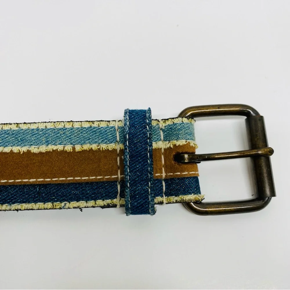 Vintage Belt Denim & Faux Leather Size XL Frayed Boho Casual Blue Brown Trendy